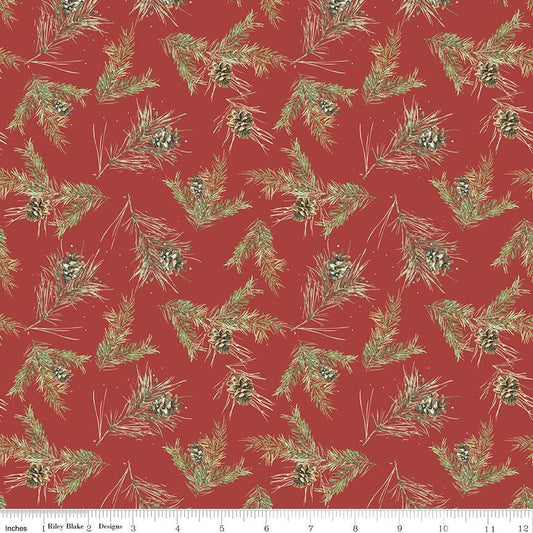 Holiday Spirit - Christmas Pine Cones on Red Fabric, Riley Blake C17464-Red, Christmas Xmas Pine Branches Fabric, Lisa Audit, By the Yard
