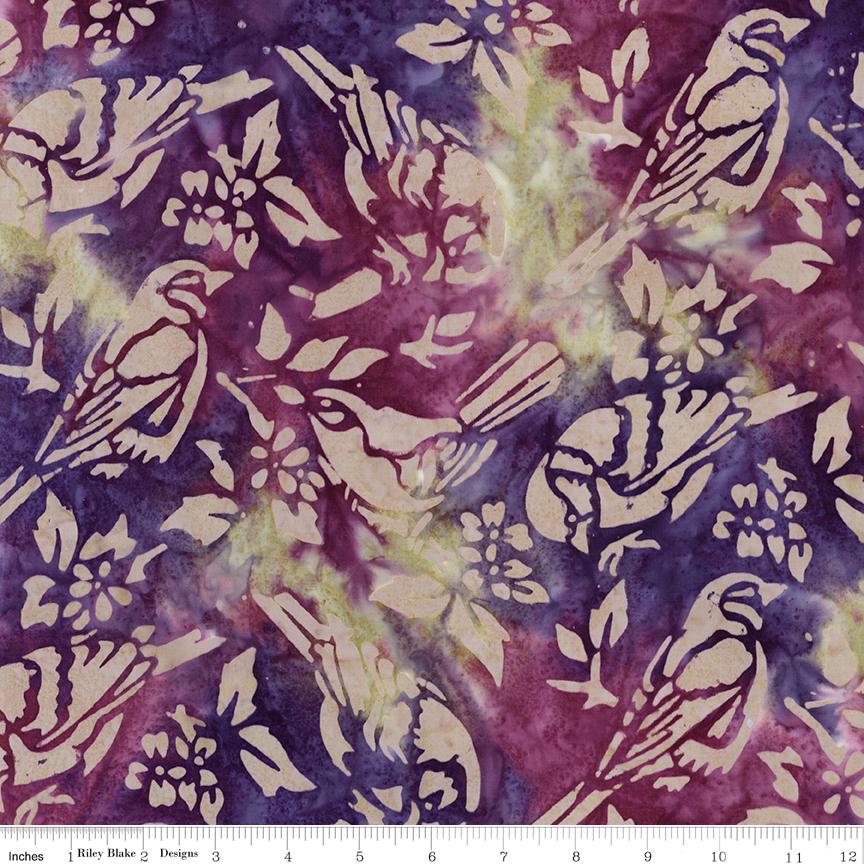 Expressions Batiks Backyard Birds 5" Stacker, Riley Blake 5-23584-42, 5" Precut Pink Purple Green Bird Floral Batik Fabric Squares