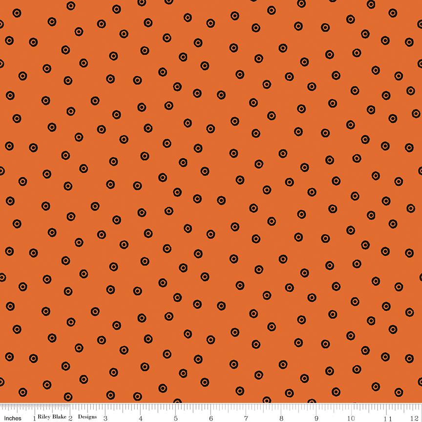 Scary Scraps - Black Circled Dots on Orange Fabric, Riley Blake C17609-Orange, Polka Dot Halloween Cotton Quilt Fabric, Frisch, By the Yard