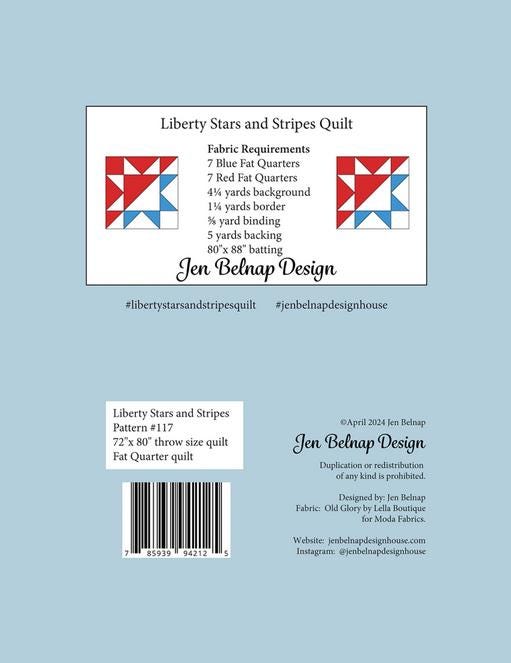 Liberty Stars and Stripes Quilt Pattern, Jen Belnap Design JBD117, Fat Quarter FQ Friendly Split Stars Throw Bed Quilt Pattern