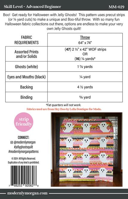 Jelly Ghosts Quilt Pattern, Modernly Morgan MM-029, Jelly Roll Yardage Friendly Halloween Ghost Throw Quilt Pattern, McCollough