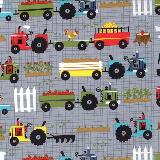 DESTASH 1-Yard Cut of Oink a Doodle Moo - Farm Tractors on Gray Fabric, Moda 30523-20 Steel, Jenn Ski