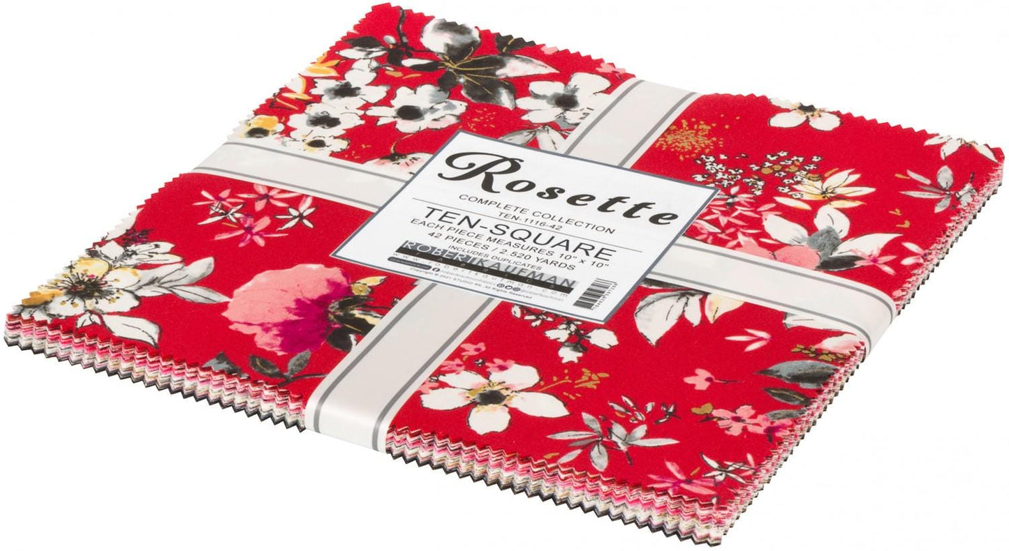 Rosette 10" Squares, Robert Kaufman TEN-1116-42, Precut 10" Red Pink Black Gray Metallic Gold Modern Floral Fabric Squares