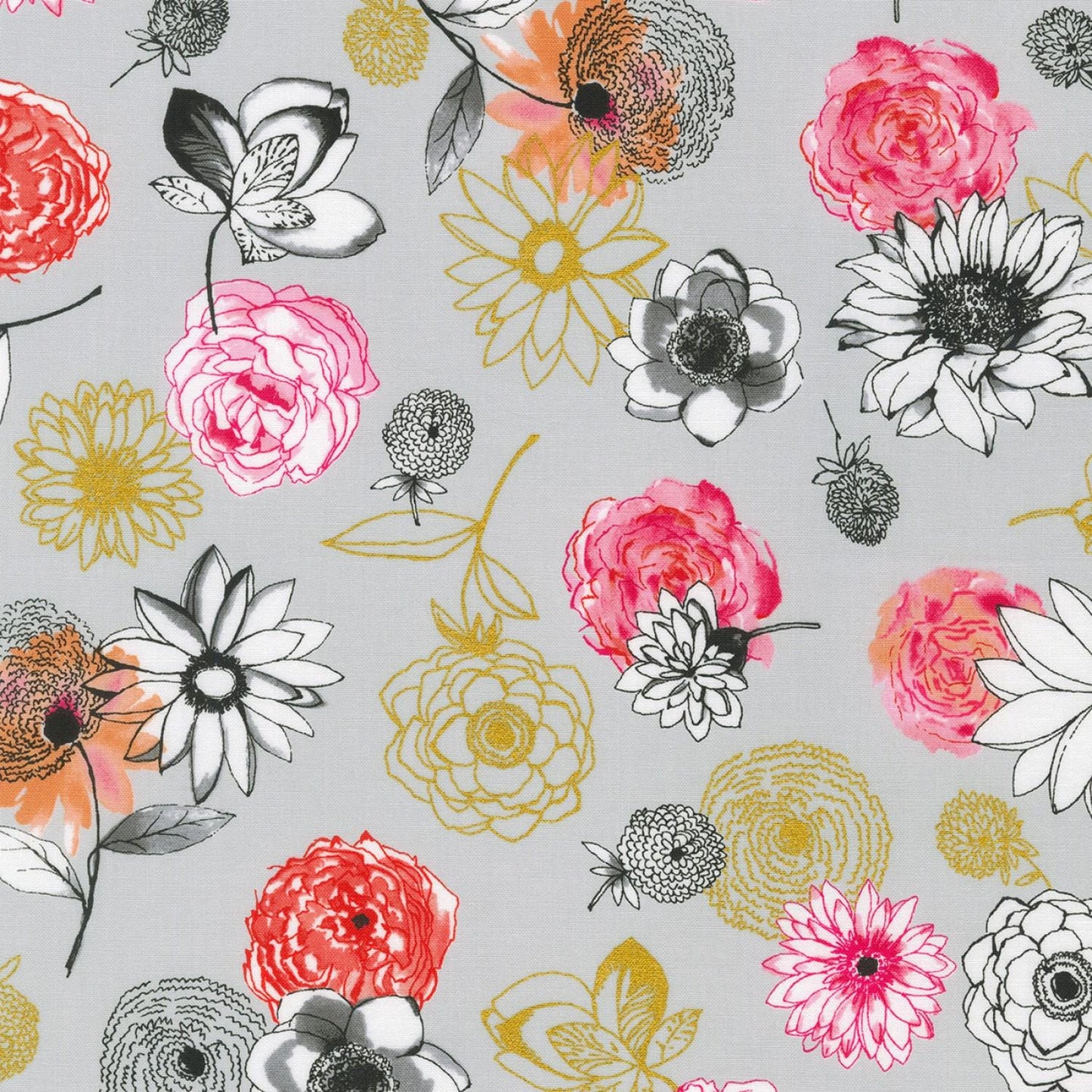 Rosette 10" Squares, Robert Kaufman TEN-1116-42, Precut 10" Red Pink Black Gray Metallic Gold Modern Floral Fabric Squares