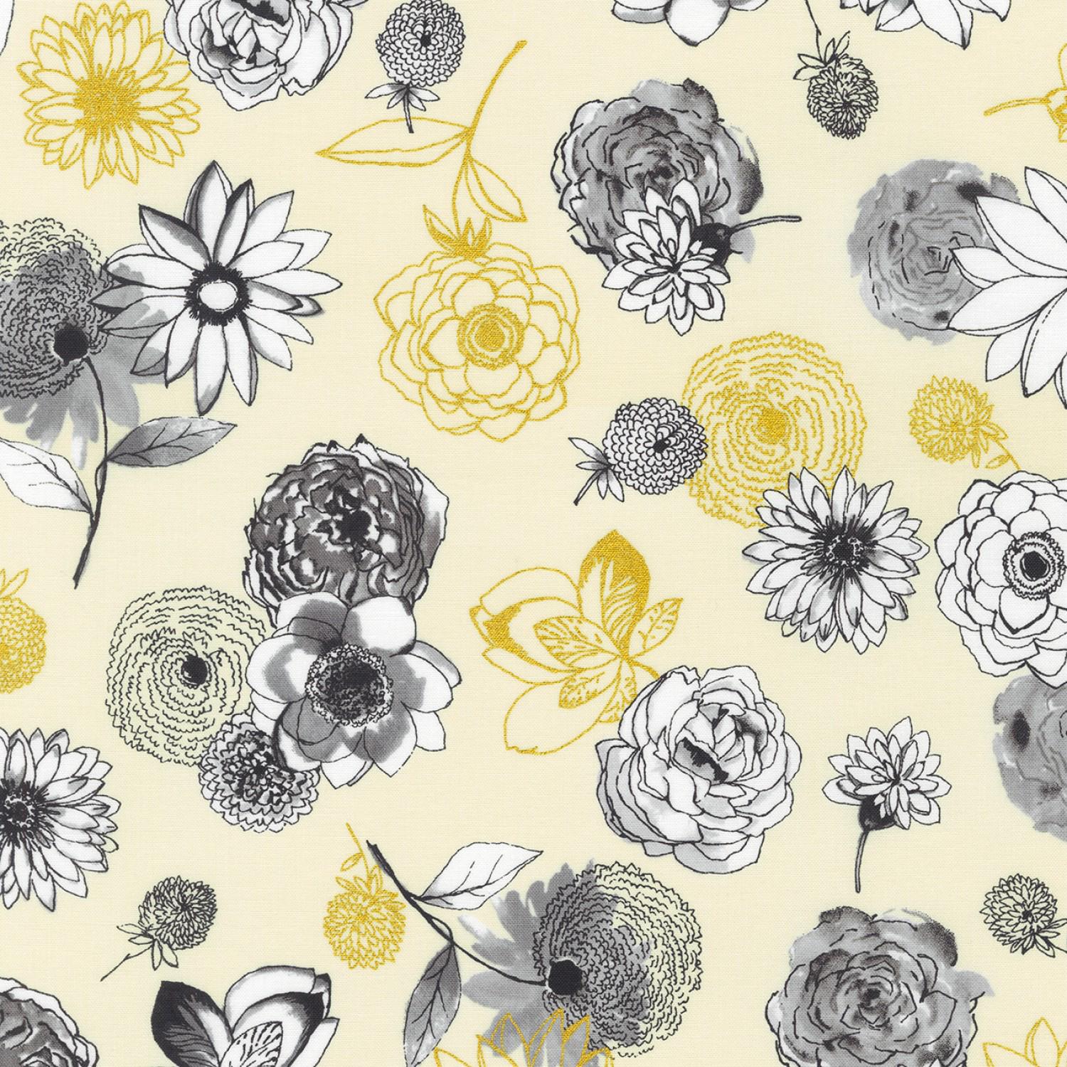 Rosette 10" Squares, Robert Kaufman TEN-1116-42, Precut 10" Red Pink Black Gray Metallic Gold Modern Floral Fabric Squares