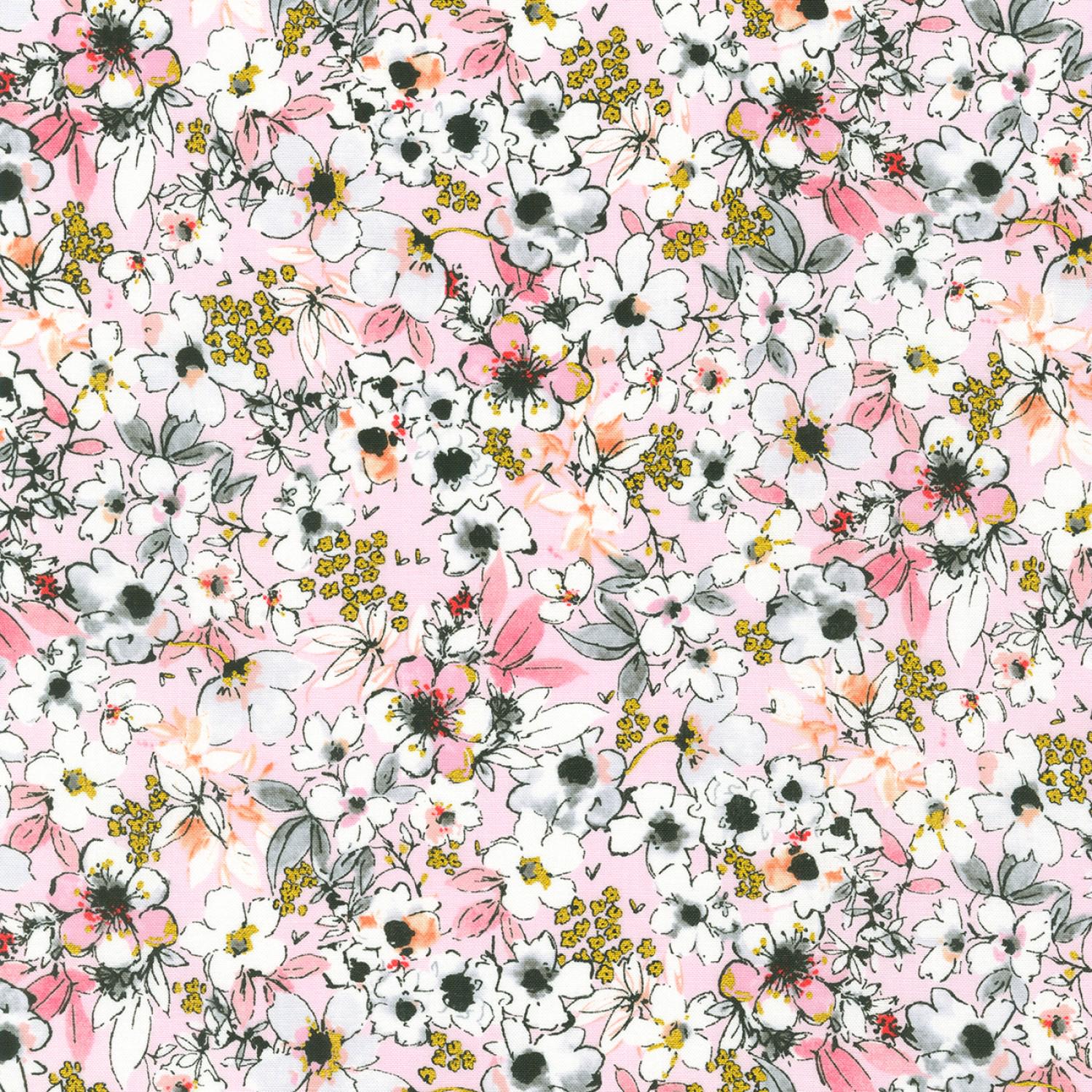 Rosette 10" Squares, Robert Kaufman TEN-1116-42, Precut 10" Red Pink Black Gray Metallic Gold Modern Floral Fabric Squares