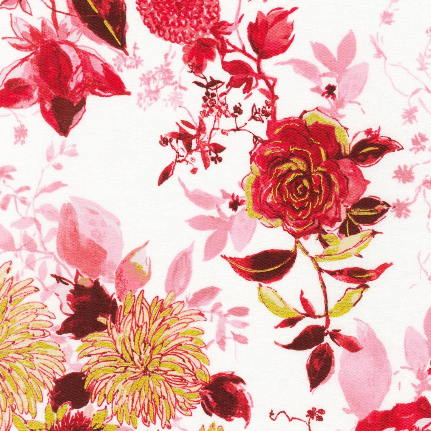 Rosette 10" Squares, Robert Kaufman TEN-1116-42, Precut 10" Red Pink Black Gray Metallic Gold Modern Floral Fabric Squares