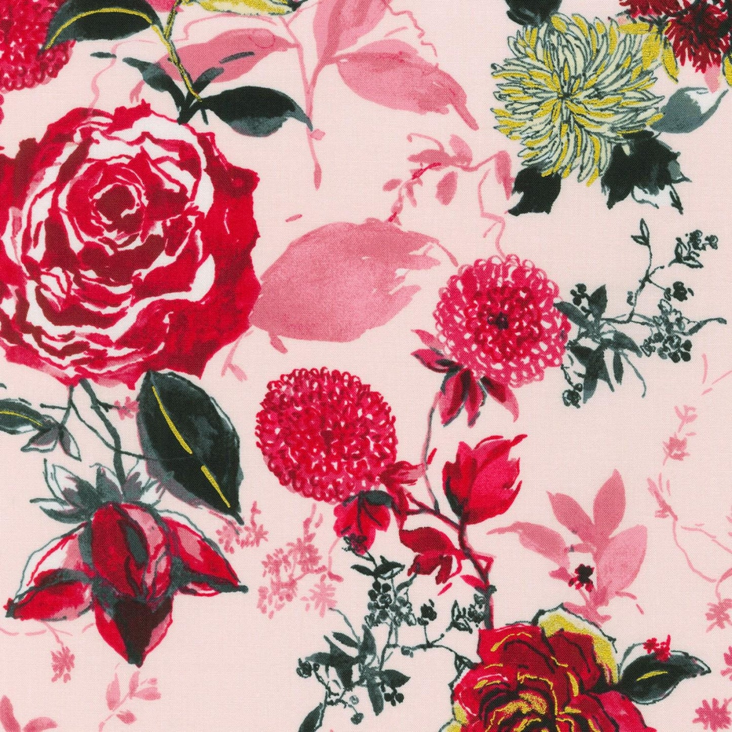 Rosette 10" Squares, Robert Kaufman TEN-1116-42, Precut 10" Red Pink Black Gray Metallic Gold Modern Floral Fabric Squares
