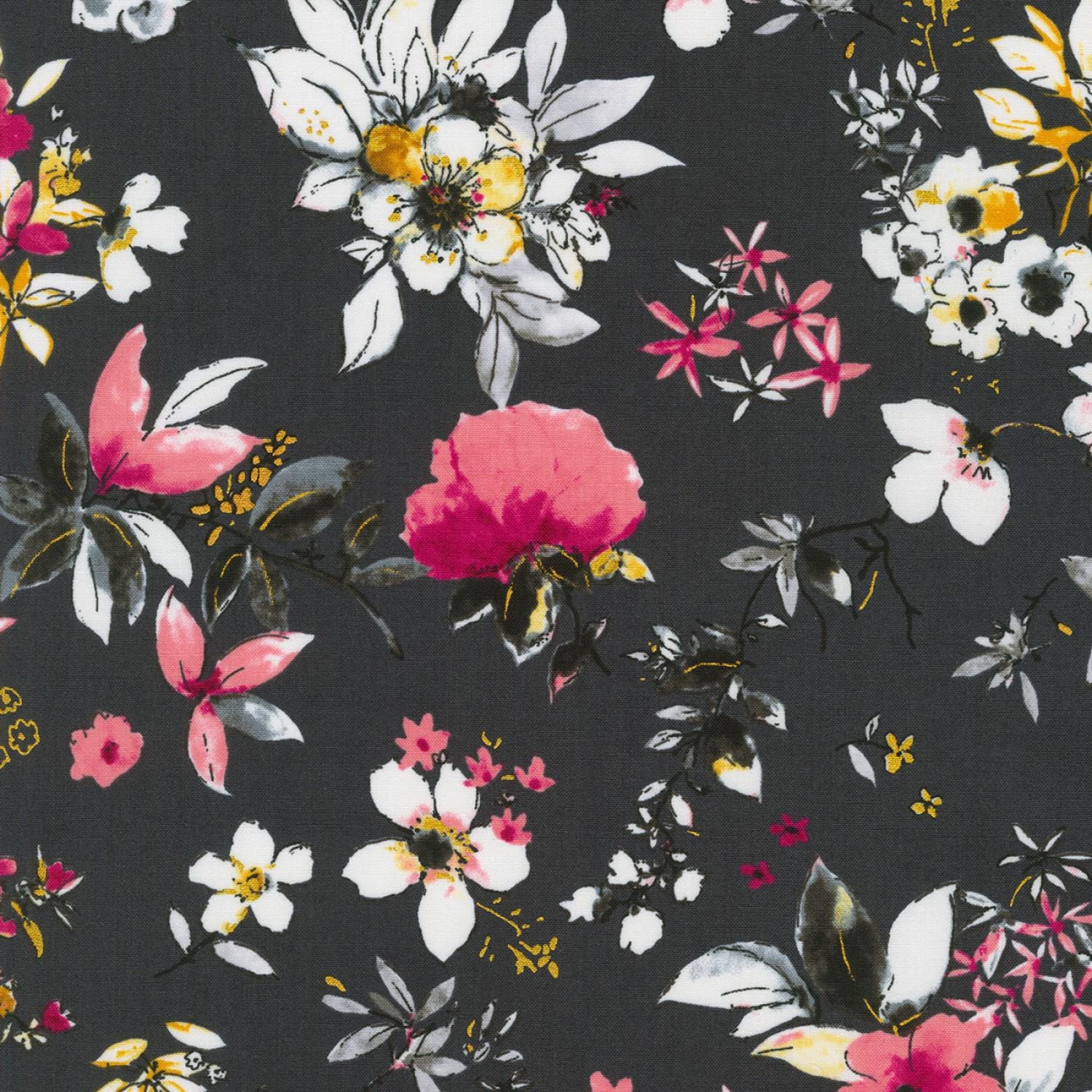 Rosette 10" Squares, Robert Kaufman TEN-1116-42, Precut 10" Red Pink Black Gray Metallic Gold Modern Floral Fabric Squares