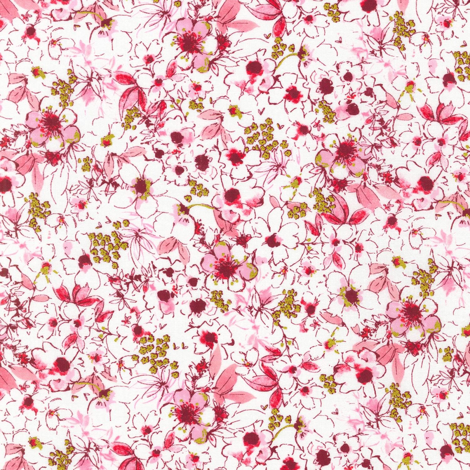 Rosette 10" Squares, Robert Kaufman TEN-1116-42, Precut 10" Red Pink Black Gray Metallic Gold Modern Floral Fabric Squares