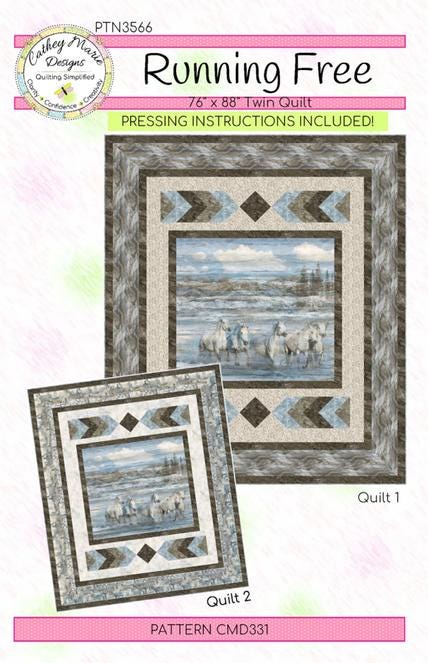 Running Free Panel Frame Quilt PATTERN, Cathey Marie Designs CMD331 PTN3566, 36" Horizontal Fabric Panel Friendly Quilt Pattern