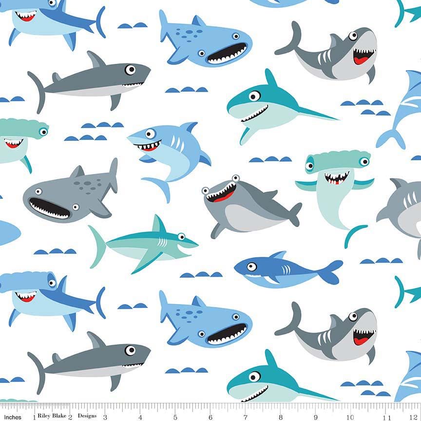 Sharktown 5" Precut Stacker OOP, Riley Blake 5-6350-42, Precut 5" Sharks Nautical Charm Pack Fabric Squares, Shawn Wallace
