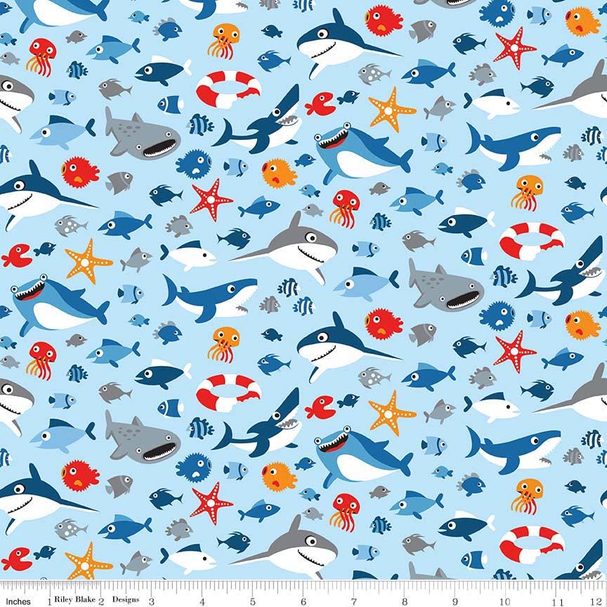 Sharktown 5" Precut Stacker OOP, Riley Blake 5-6350-42, Precut 5" Sharks Nautical Charm Pack Fabric Squares, Shawn Wallace