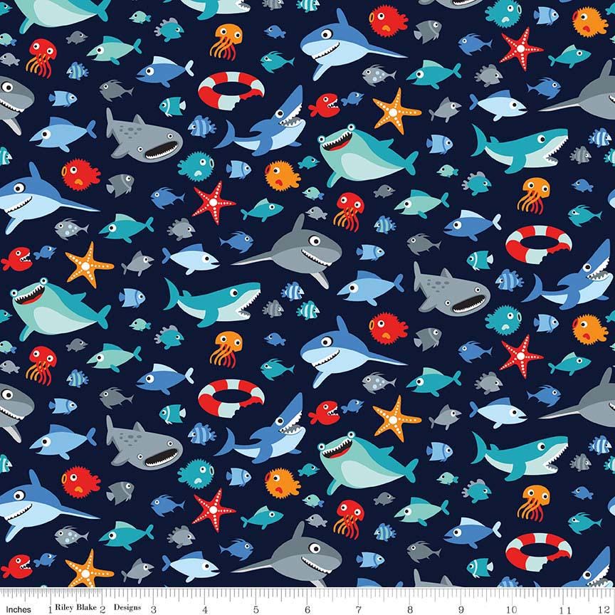 Sharktown 5" Precut Stacker OOP, Riley Blake 5-6350-42, Precut 5" Sharks Nautical Charm Pack Fabric Squares, Shawn Wallace