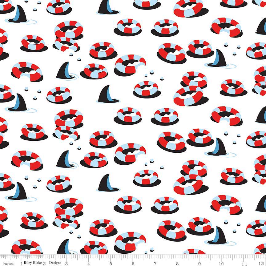 Sharktown 5" Precut Stacker OOP, Riley Blake 5-6350-42, Precut 5" Sharks Nautical Charm Pack Fabric Squares, Shawn Wallace
