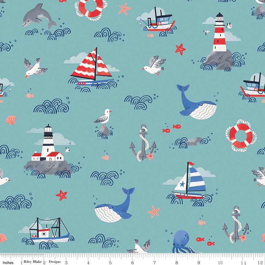 Lost at Sea 5" Stacker OOP, Riley Blake 5-13400-42, 5" Precut Red Blue Boats Whales Nautical Ocean Charm Pack Fabric Squares