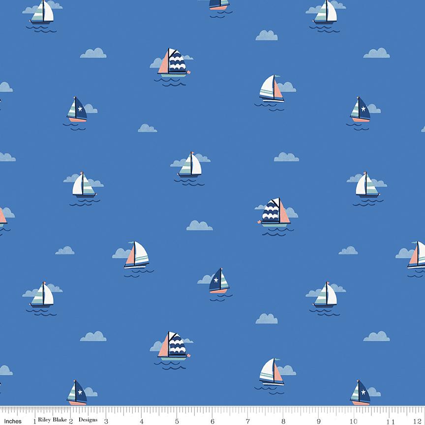 Lost at Sea 5" Stacker OOP, Riley Blake 5-13400-42, 5" Precut Red Blue Boats Whales Nautical Ocean Charm Pack Fabric Squares