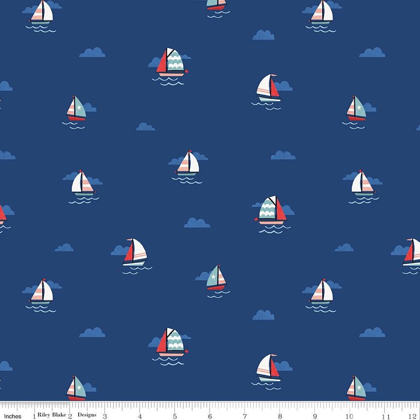 Lost at Sea 5" Stacker OOP, Riley Blake 5-13400-42, 5" Precut Red Blue Boats Whales Nautical Ocean Charm Pack Fabric Squares