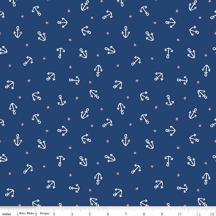 Lost at Sea 5" Stacker OOP, Riley Blake 5-13400-42, 5" Precut Red Blue Boats Whales Nautical Ocean Charm Pack Fabric Squares