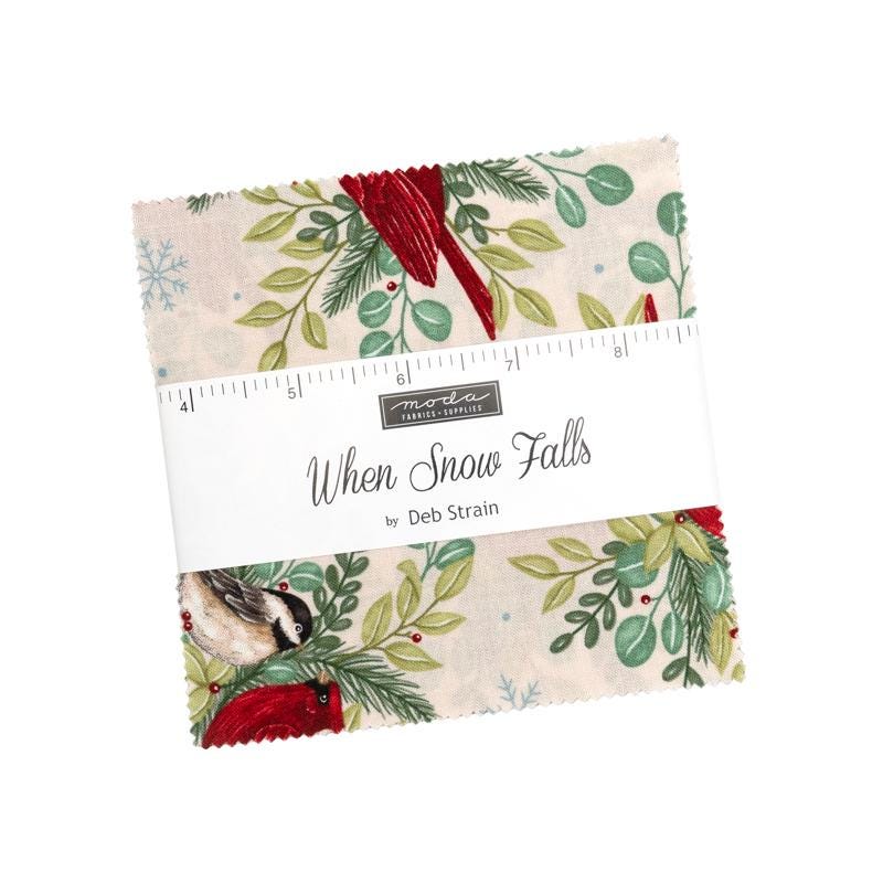 When Snow Falls 5" Charm Pack, Moda 56170PP, 5" Precut Whimsical Cardinals Chickadees Christmas Fabric Squares, Deb Strain