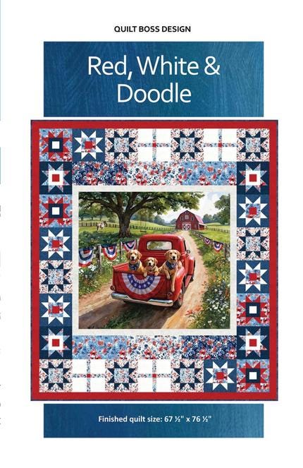 Red White and Doodle Panel Frame Quilt PATTERN, Quilt Boss QBOSS-3807, 24" Panel Friendly Stars Frame Lap Throw Quilt Pattern
