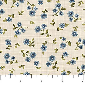 Farmhouse Sampler - Blue Flowers on Cream Fabric, Northcott 28606-11 Cream Multi, Woven Look Floral Cotton Quilt Fabric, By the Yard