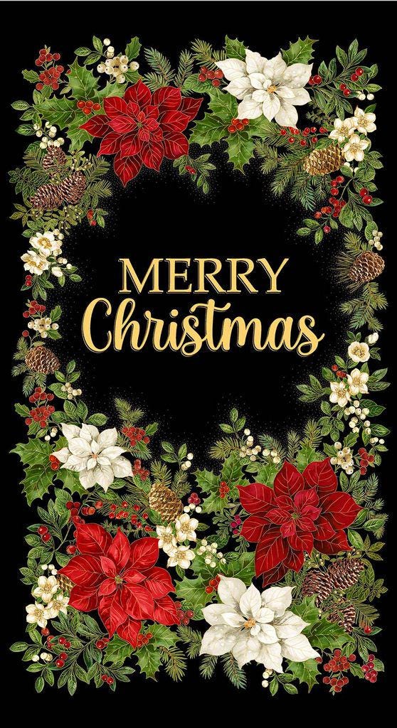 Merry Christmas - 24" Christmas Poinsettias Fabric Panel, Timeless Treasures PANEL-CM4141 Black, Christmas Craft Fabric Panel, By the Yard
