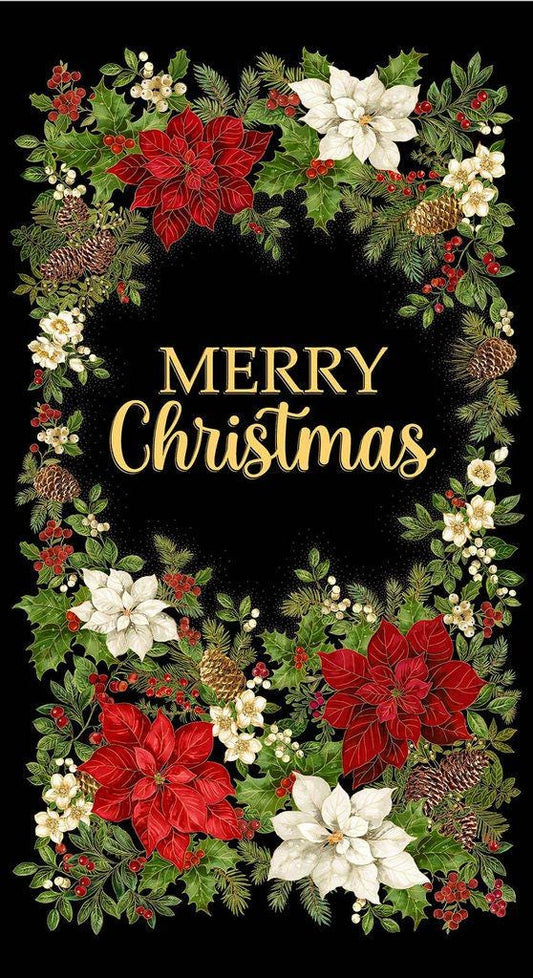 Merry Christmas - 24" Christmas Poinsettias Fabric Panel, Timeless Treasures PANEL-CM4141 Black, Christmas Craft Fabric Panel, By the Yard