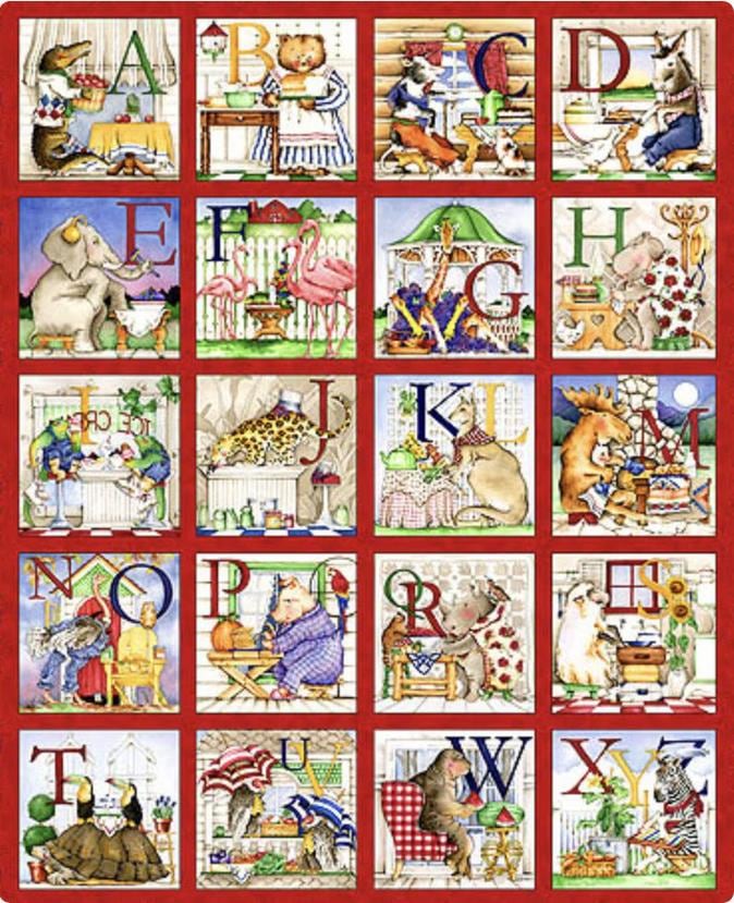 RARE Hungry Animal Alphabet Fabric Panel OOP, Quilting Treasures, Children's Novelty Fabric, J Wecker Frisch