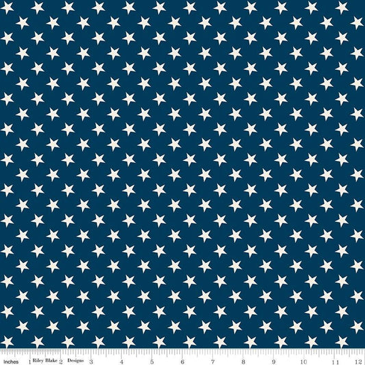 Independence - White Stars on Blue Fabric, Riley Blake C17337-Oxford, Navy Blue White Patriotic Cotton Quilt Blender Fabric, By the Yard