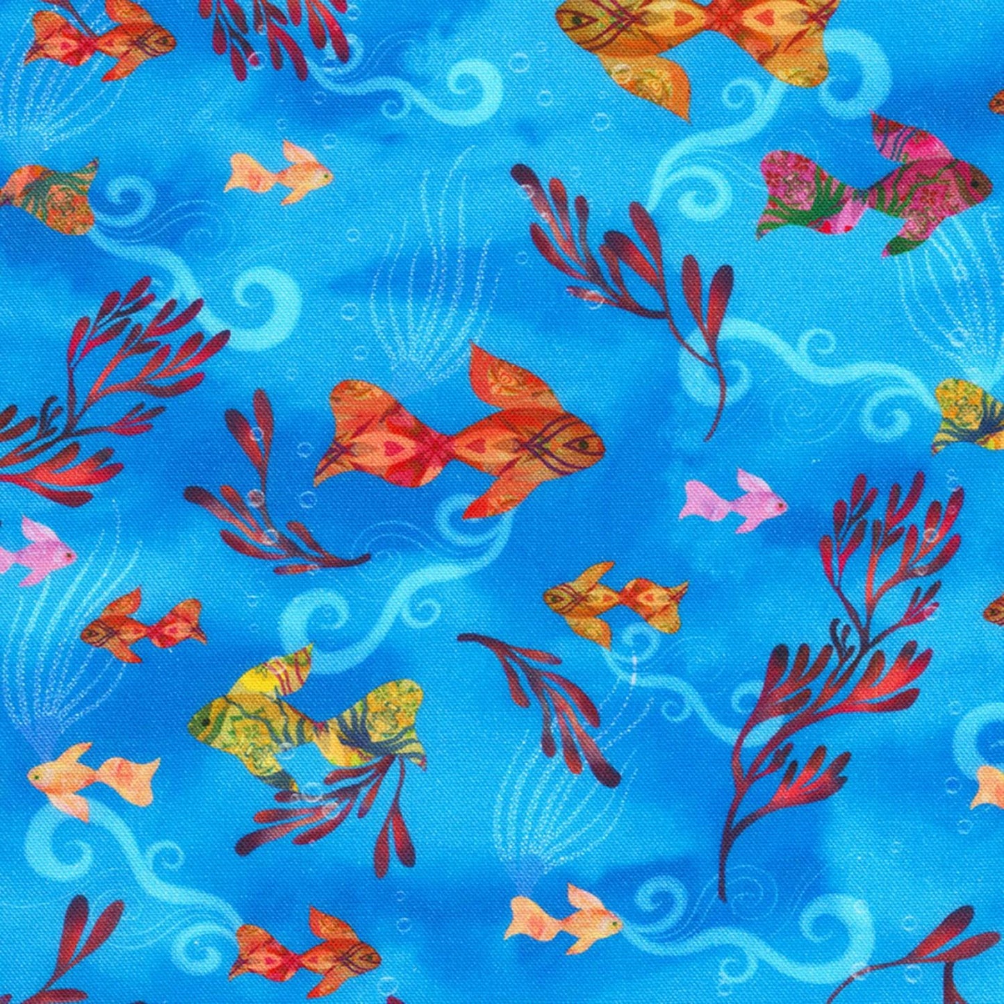 REMNANT 19" of Oceanica - Tropical Fish on Blue Fabric, Robert Kaufman AQSD-22409-4-BLUE, Pink Orange Yellow Fish on Blue Fabric