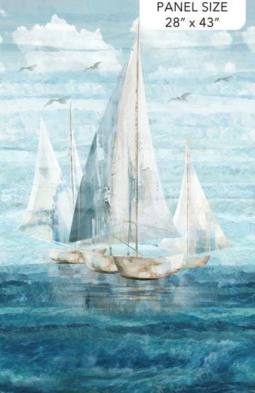 Smooth Sailing - Sailboats on Ocean 28" Fabric Panel, Northcott DP28915-46, Teal White Summer Ocean Quilt Fabric Craft Panel