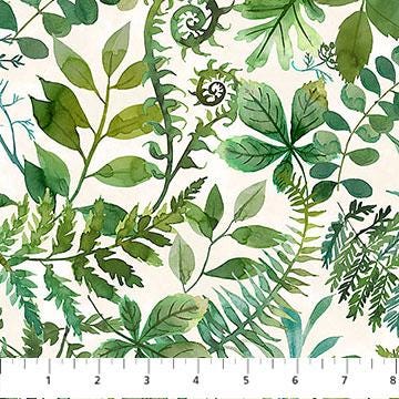 Luscious - Green Watercolor Leaves on Cream Fabric, Northcott DP28751-11, Digitally Printed Watercolor Leaves Cotton Fabric, By the Yard