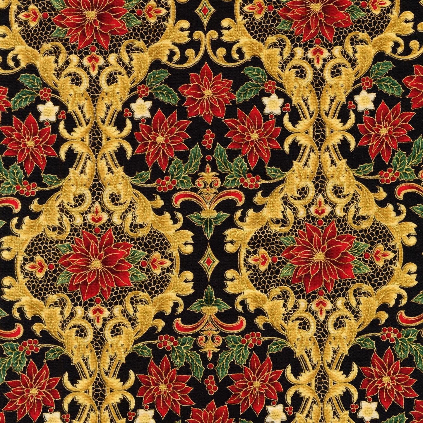 Holiday Flourish 12 5" Charm Squares OOP, Robert Kaufman CHS-785-42, Precut 10" Traditional Xmas Gold Metallic Charm Pack Fabric Squares