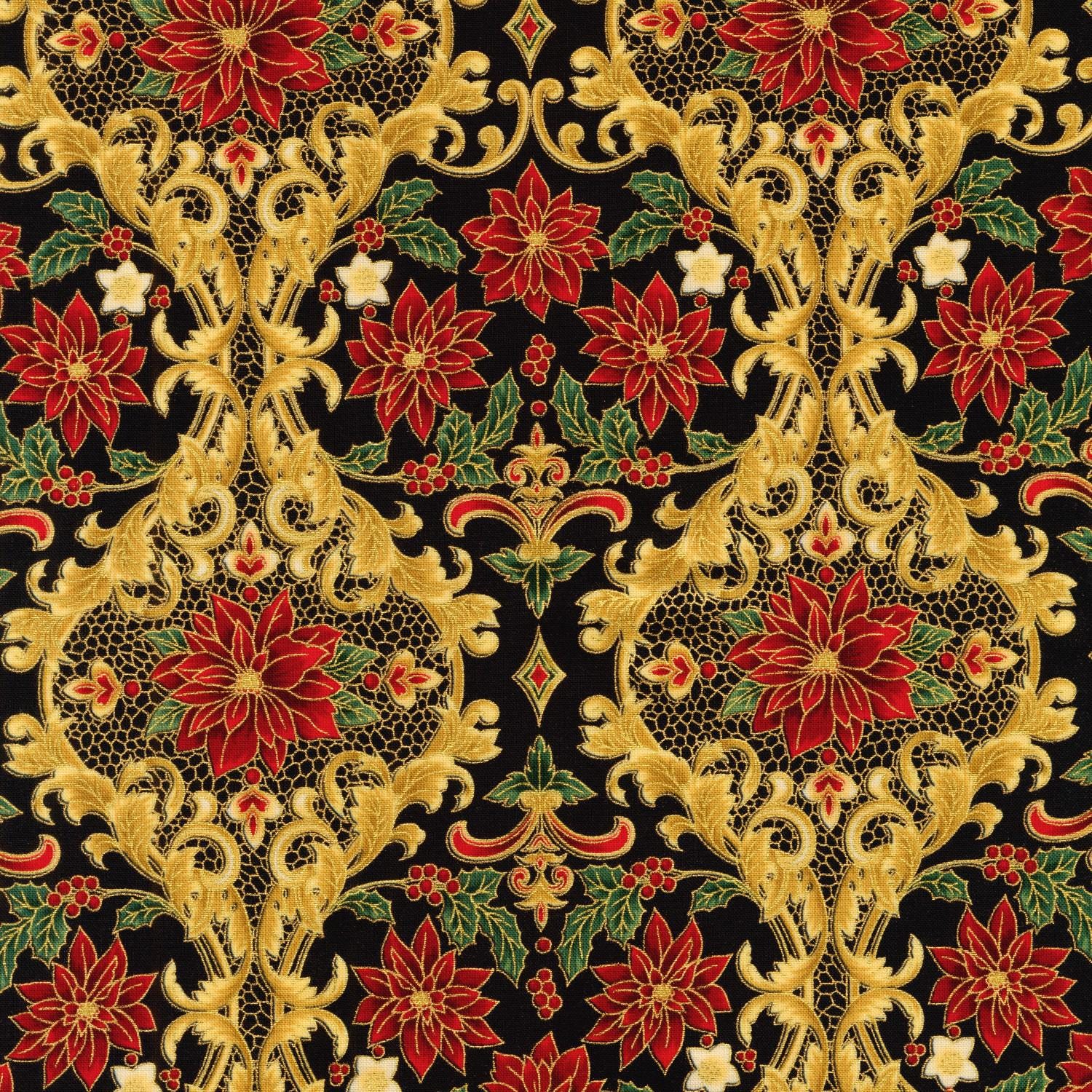 Holiday Flourish 12 5" Charm Squares OOP, Robert Kaufman CHS-785-42, Precut 10" Traditional Xmas Gold Metallic Charm Pack Fabric Squares