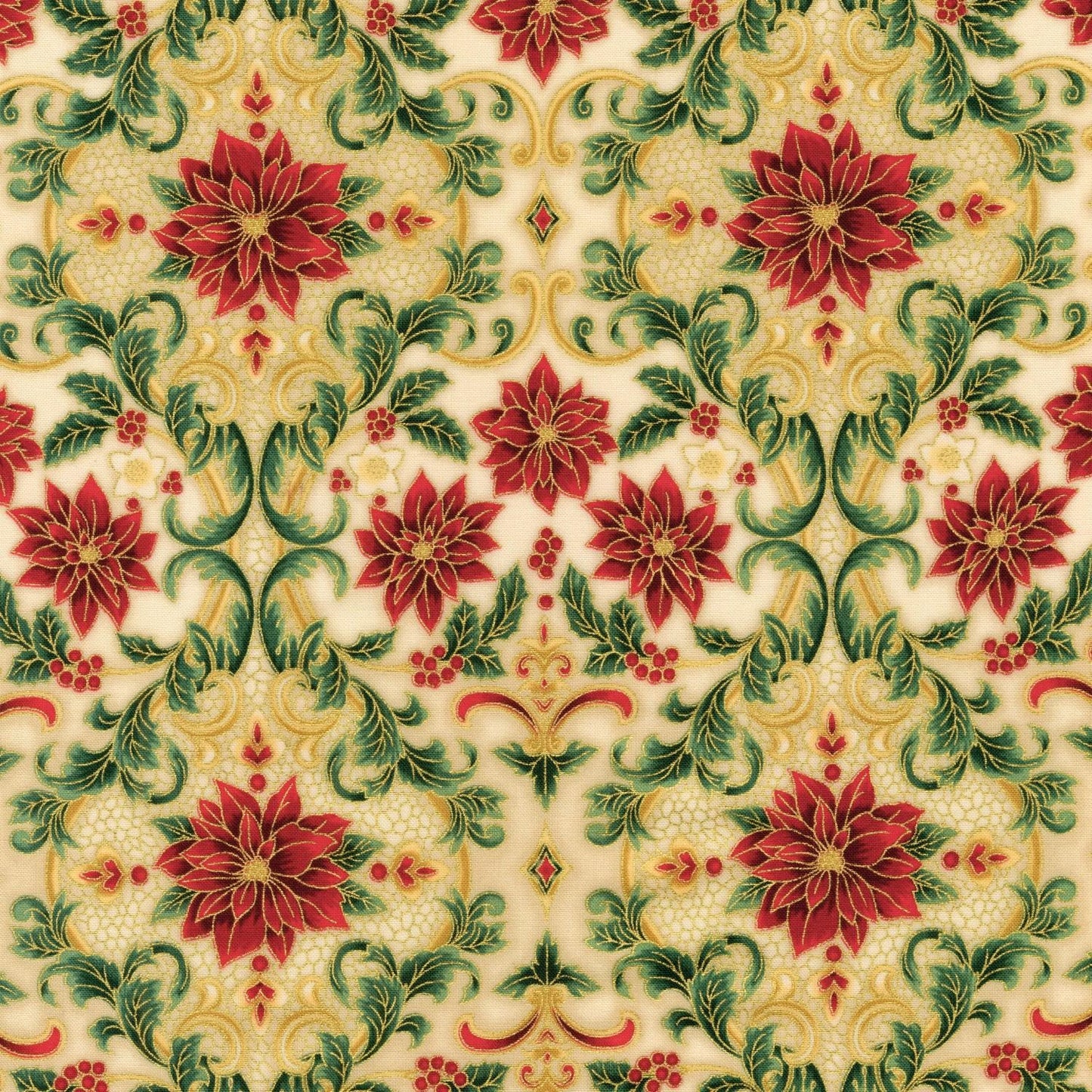 Holiday Flourish 12 5" Charm Squares OOP, Robert Kaufman CHS-785-42, Precut 10" Traditional Xmas Gold Metallic Charm Pack Fabric Squares