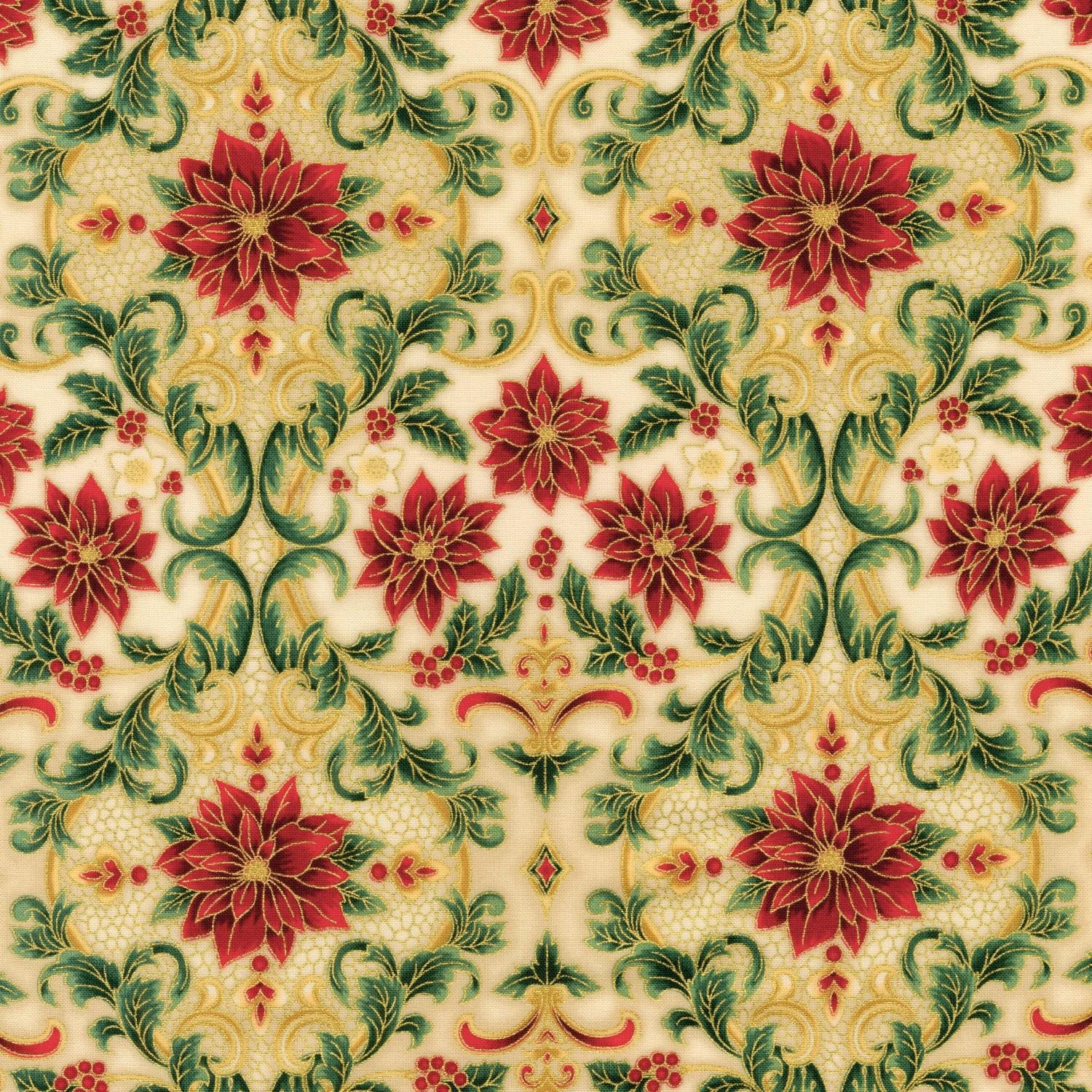 Holiday Flourish 12 5" Charm Squares OOP, Robert Kaufman CHS-785-42, Precut 10" Traditional Xmas Gold Metallic Charm Pack Fabric Squares