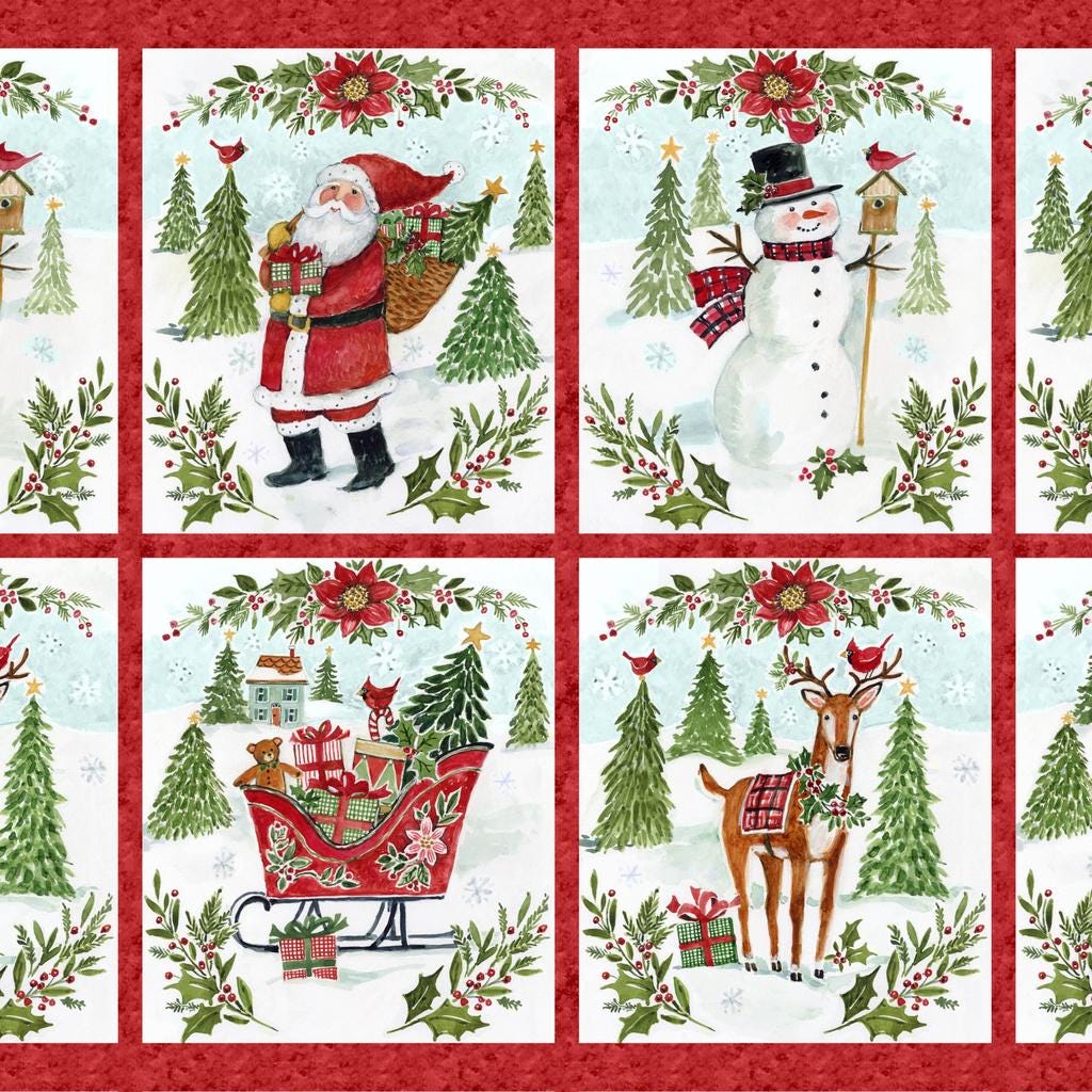 Snowy Greetings 36" Fabric Panel, White Owl Textiles W105-029-306, Santa Sleigh Cardinals Deer Blocks Christmas Xmas Fabric Panel, Winget