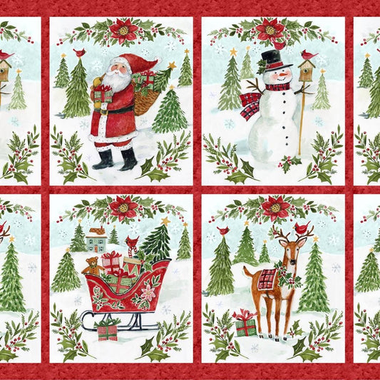 Snowy Greetings 36" Fabric Panel, White Owl Textiles W105-029-306, Santa Sleigh Cardinals Deer Blocks Christmas Xmas Fabric Panel, Winget