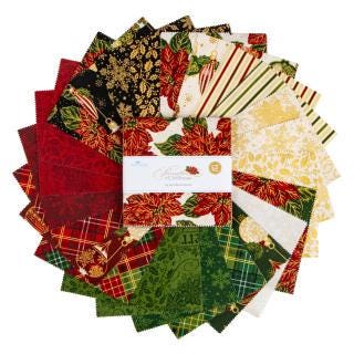 Poinsettias at Christmas 5" Stacker, Riley Blake 5-17630-42, 5" Precut Red Green Christmas Floral Fabric Charm Squares, Jennifer Bosworth
