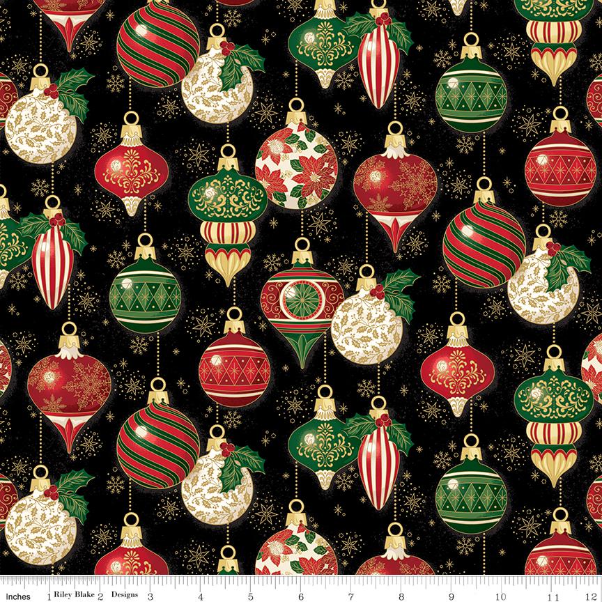 Poinsettias at Christmas - Ornaments on Black Fabric, Riley Blake CF17631-Black, Gold Metallic Christmas Cotton Fabric, Bosworth