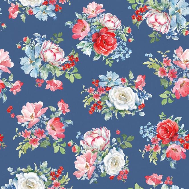 Americana 12 Piece Fat Quarter Bundle, Clothworks FQ0545, Patriotic Floral Fabric Bundle, 18 x 22 Fabric Cuts, Beth Grove