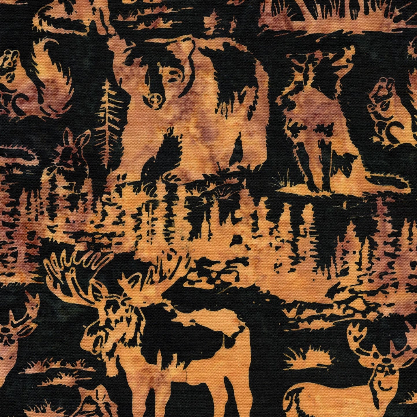 Fur and Forest 5" Stamp, Island Batik, 5" Precut Black Brown Tan Green Deer Bear Moose Masculine Batik Fabric Charm Pack Quilt Squares