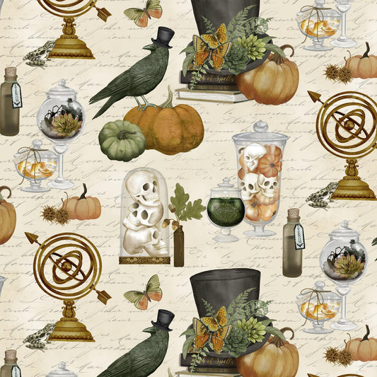 Dark Academia - Halloween Terrariums on Cream Fabric, White Owl W100-017-072, Crow Raven Pumpkin Skull Halloween Fabric, Lumin, By the Yard