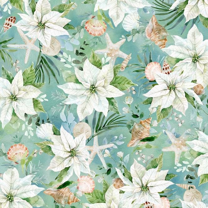 Seas and Greetings - Tropical Christmas Poinsettias Sea Shells on Blue Fabric, Hoffman Y5812-214-Aquamarine, Beach Coastal Xmas Fabric