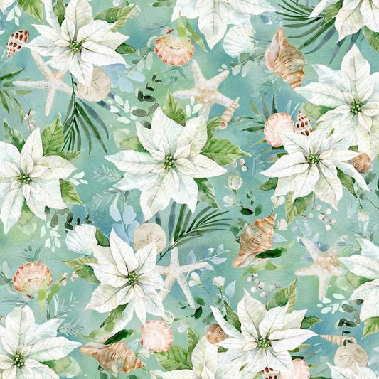 Seas and Greetings - Tropical Christmas Poinsettias Sea Shells on Blue Fabric, Hoffman Y5812-214-Aquamarine, Beach Coastal Xmas Fabric