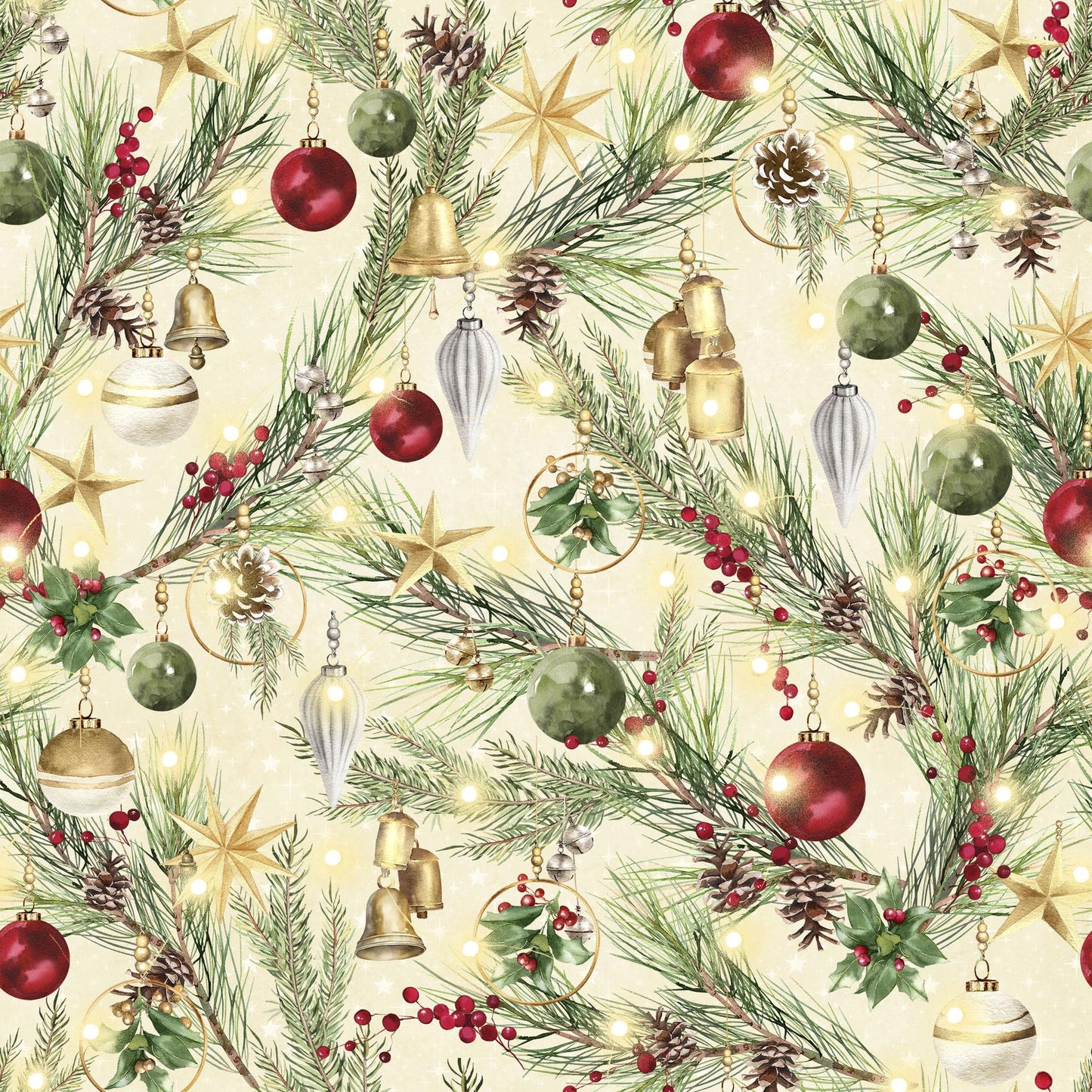Merry and Bright 10" Squares, White Owl Fabrics MERRYANDBRIGHT-10, 10" Precut Traditional Christmas Xmas Floral Quilt Fabric Squares