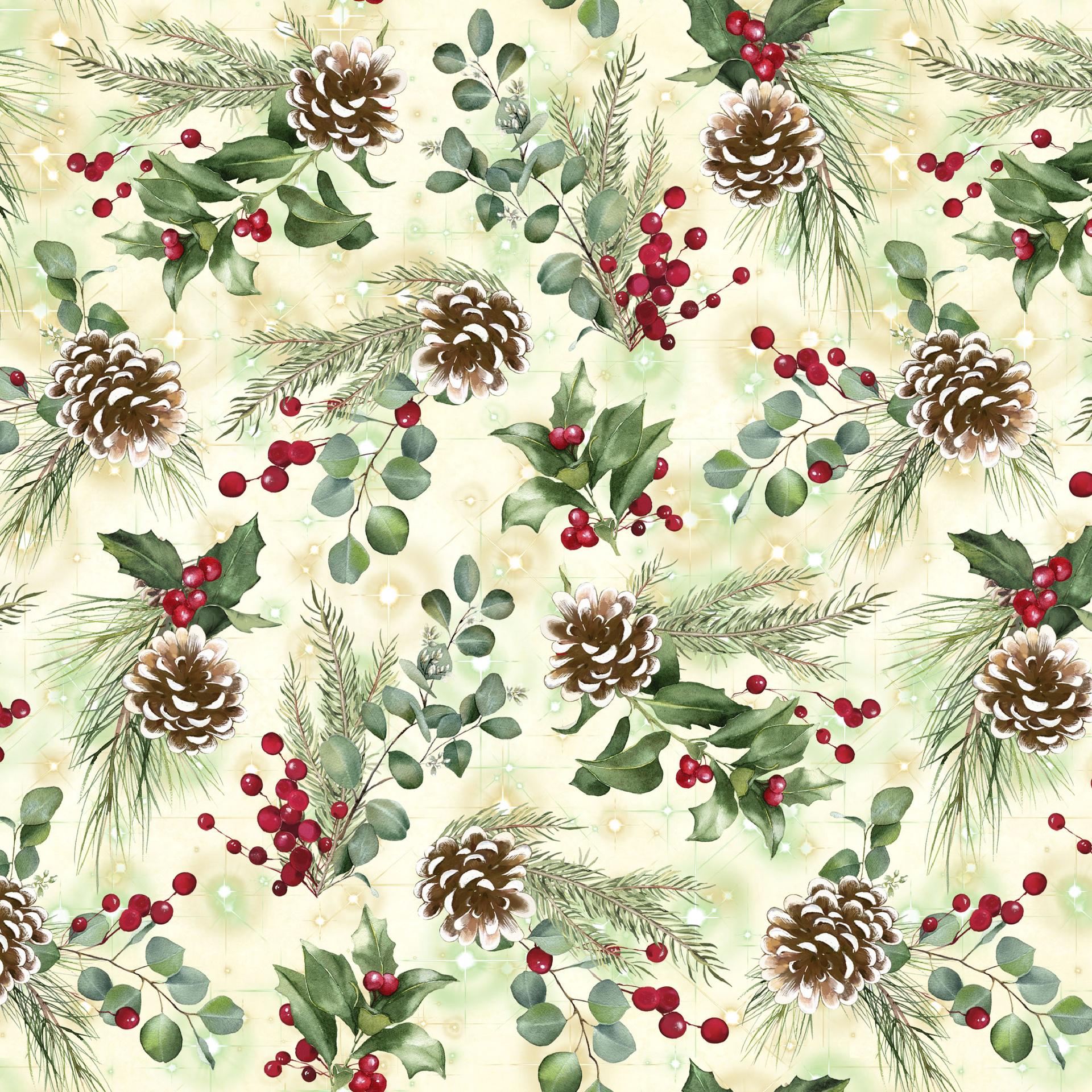 Merry and Bright 10" Squares, White Owl Fabrics MERRYANDBRIGHT-10, 10" Precut Traditional Christmas Xmas Floral Quilt Fabric Squares