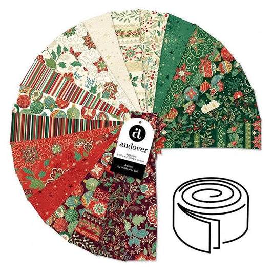 Adorn 2.5" Jelly Roll, Andover 25-ADOR-40, 2.5" Precut Gold Metallic Traditional Christmas Xmas Jelly Roll Fabric Strips, Makower UK