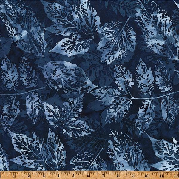 Clear Skies - Navy Blue Tonal Leaves Batik Fabric, Hoffman X2650-440-Liquorice, Shades of Blue Autumn Fall Leaves Batik Fabric, By the Yard